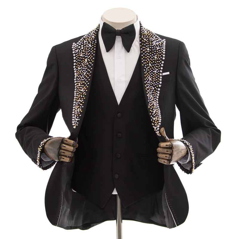 Black 3-Piece Slim-Fit Tuxedo with Gold and Silver Trim