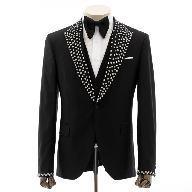 Black 3-Piece Slim-Fit Tuxedo with Silver Rhinestone Cuffs