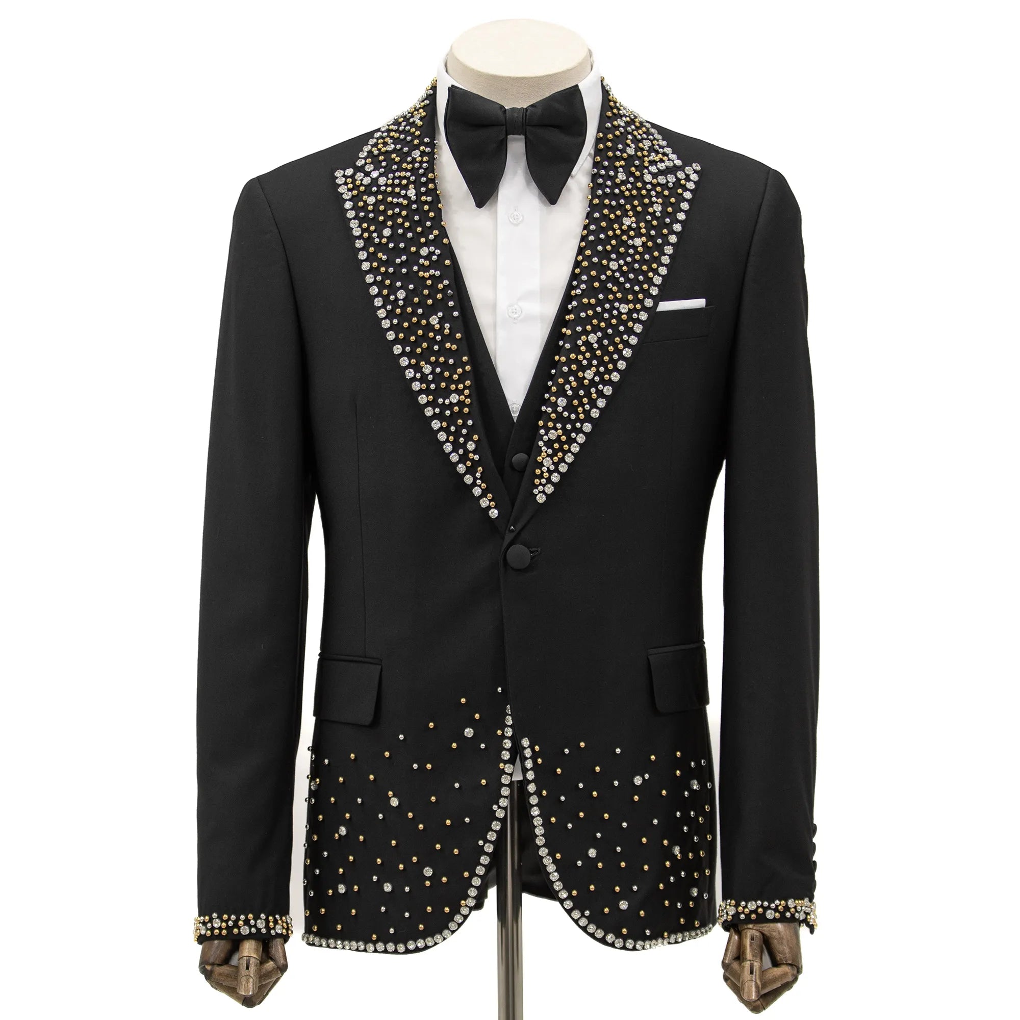 Black 3-Piece Slim-Fit Tuxedo with Silver Rhinestone Trim