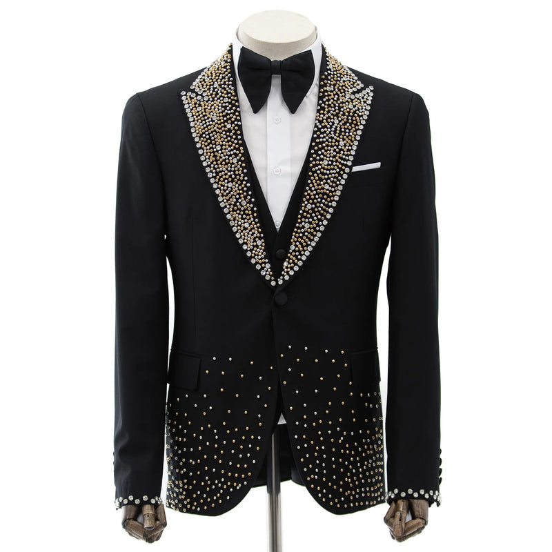 Black 3-Piece Slim-Fit Tuxedo with Gold And Silver Pearls