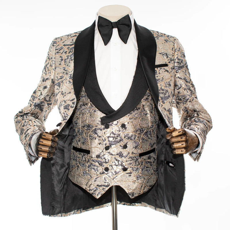 Navy and Beige Marbled Metallic 3-Piece Tailored-Fit Tuxedo