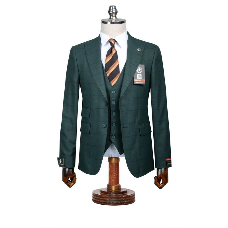 Roland | Dark Green Windowpane 3-Piece Tailored-Fit Suit