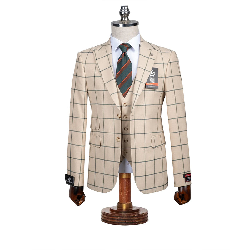 Roland | Beige Windowpane 3-Piece Tailored-Fit Suit