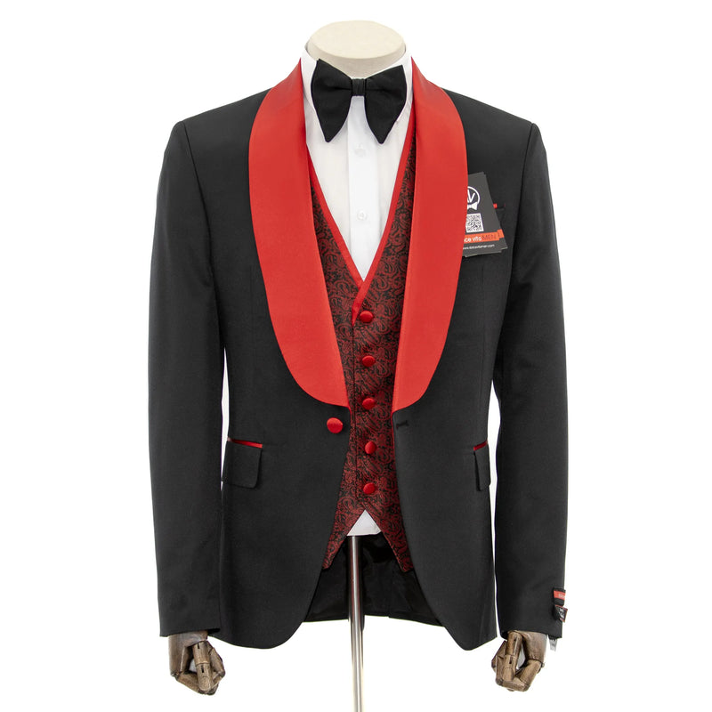 Marcus | Black & Red 3-Piece Tailored Fit Tuxedo