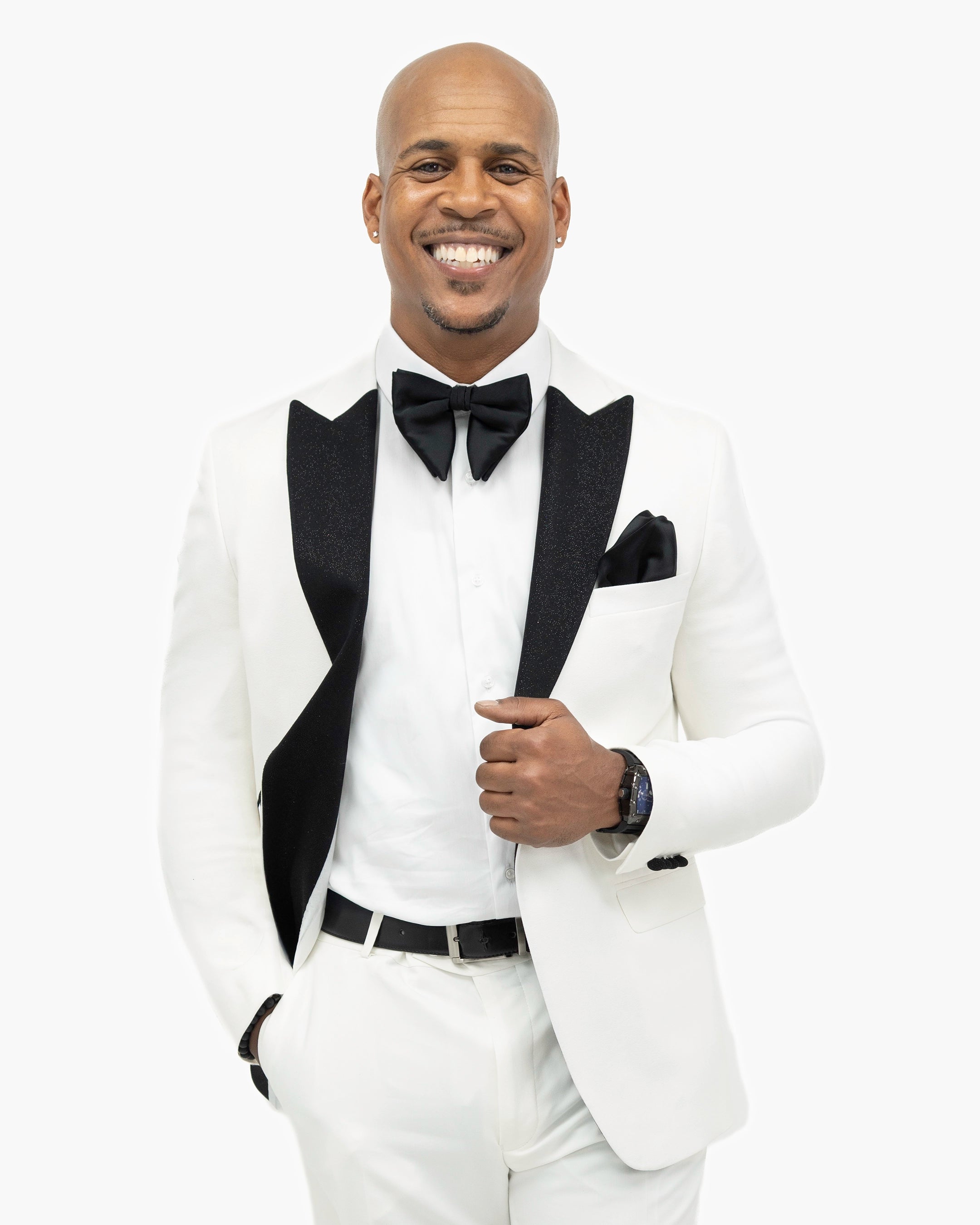 White 3-Piece Tailored-Fit Tuxedo with Glitter Peak Lapels