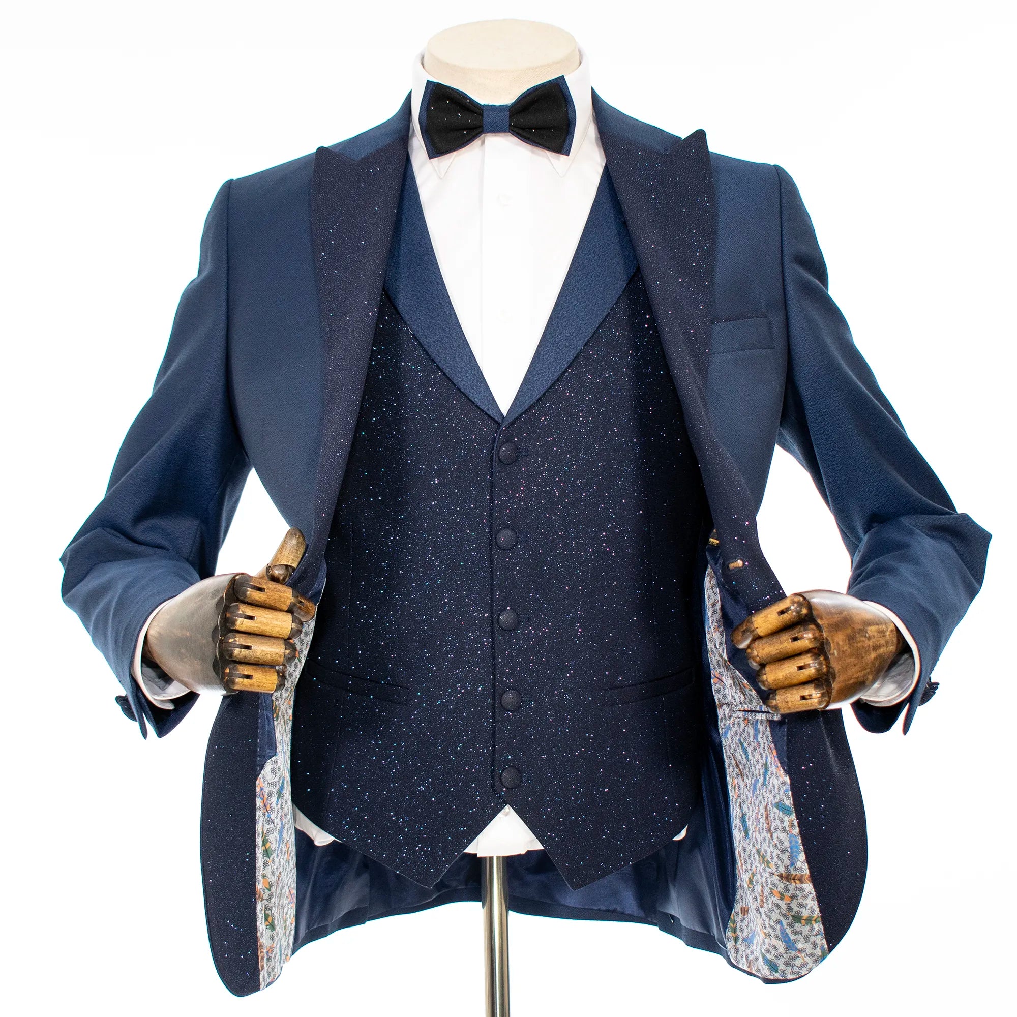 Navy Blue 3-Piece Tailored-Fit Tuxedo with Glitter Peak Lapels