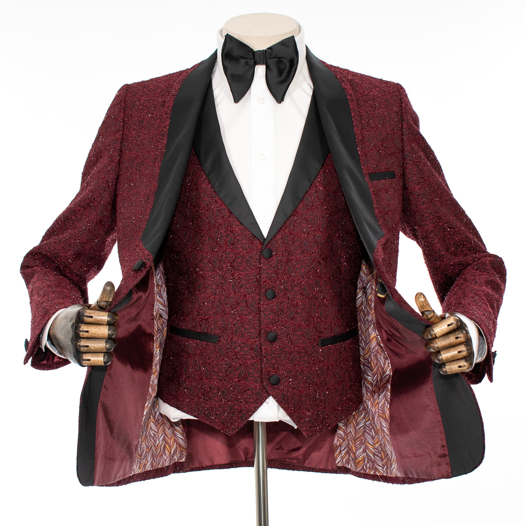 Burgundy Sparkle Lace 3-Piece Tailored-Fit Tuxedo