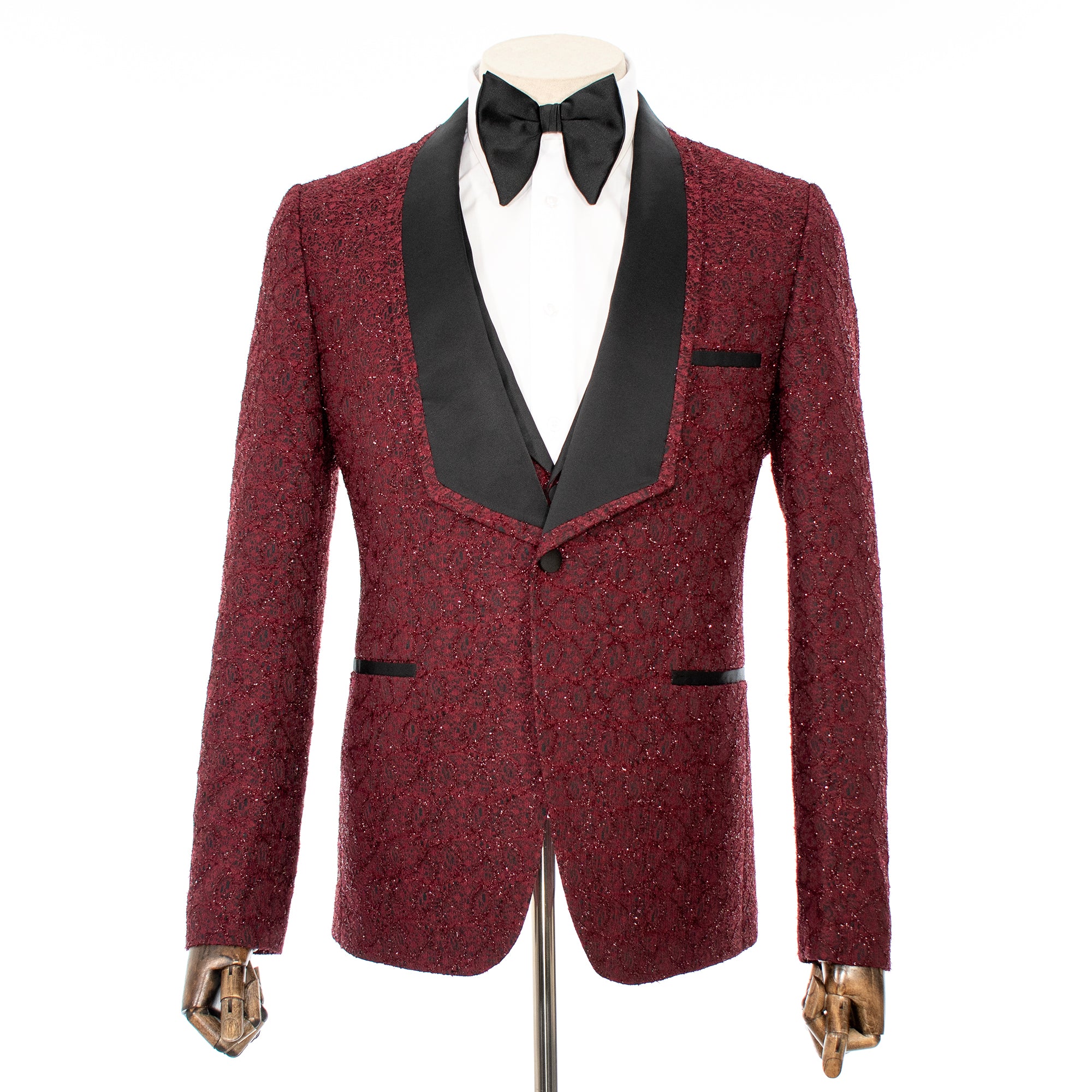 Burgundy Sparkle Lace 3-Piece Tailored-Fit Tuxedo