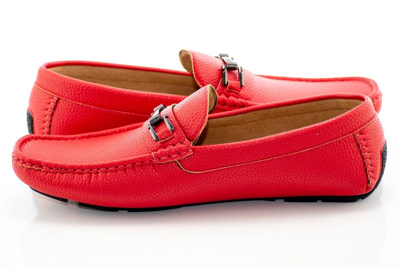 Men's Red Pebbled Leather Driving Loafer With Metal Bit