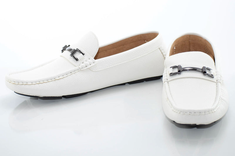 Men's White Pebbled Leather Driving Loafer With Metal Bit