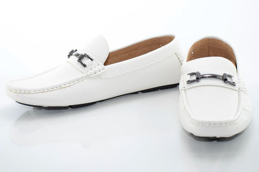 Men's White Pebbled Leather Driving Loafer With Metal Bit