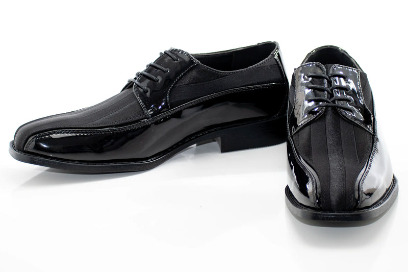 Men's Black Sating And Patent Leather Derby Dress Shoe