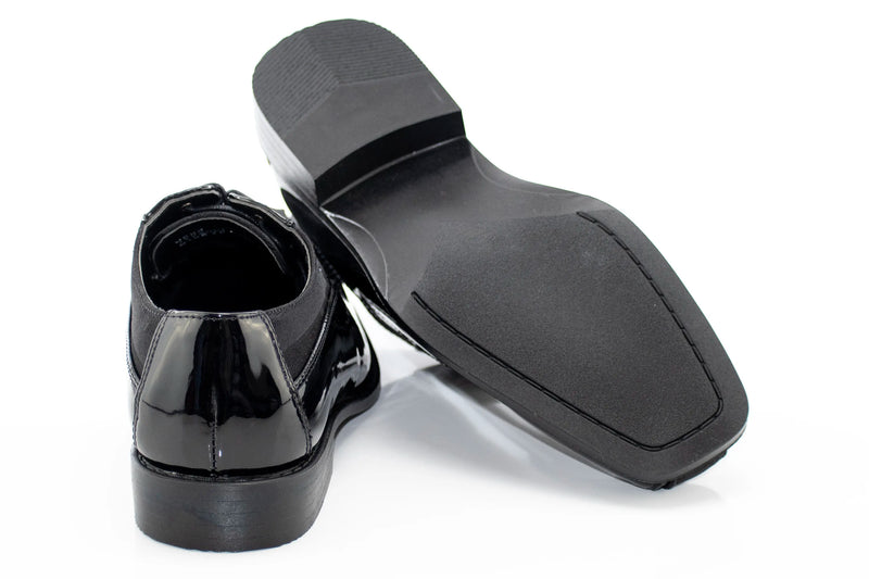 Men's Black Sating And Patent Leather Derby Dress Shoe