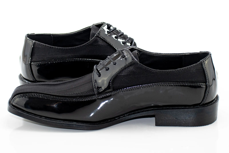 Men's Black Sating And Patent Leather Derby Dress Shoe