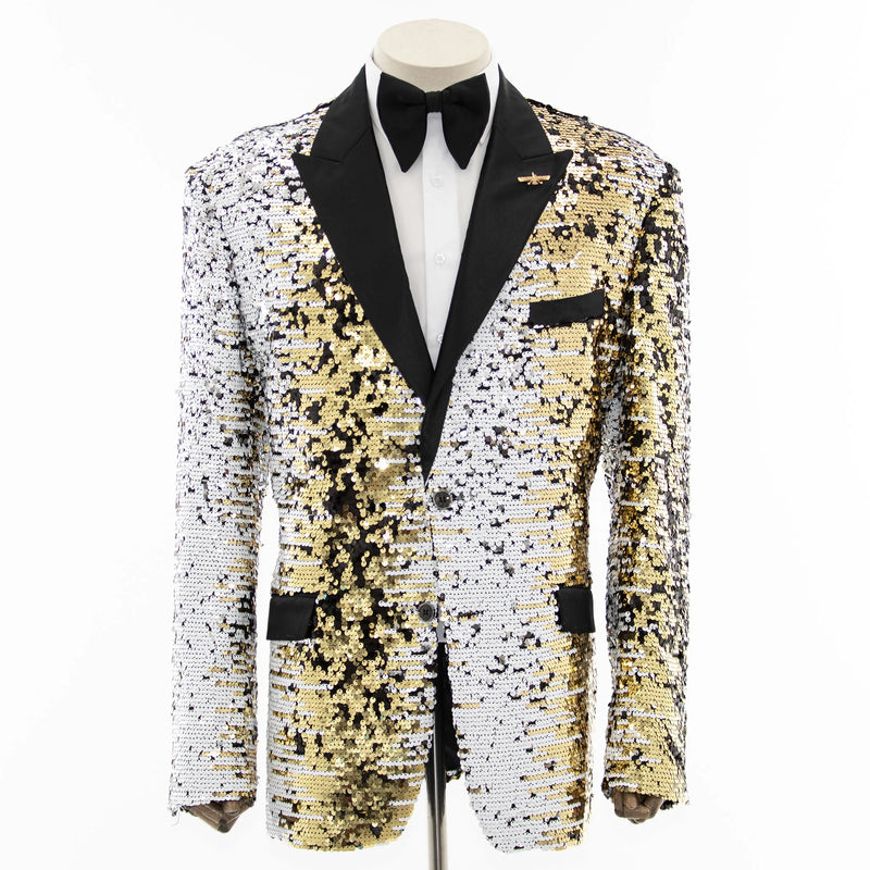 White and Gold Sequined Slim-Fit Tuxedo Jacket