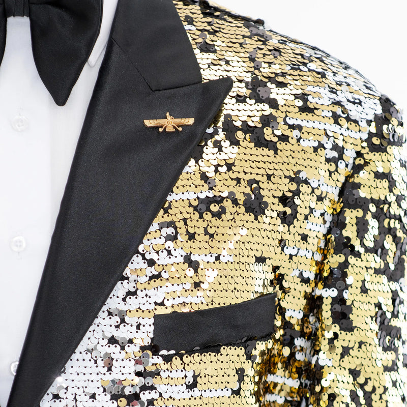 White and Gold Sequined Slim-Fit Tuxedo Jacket
