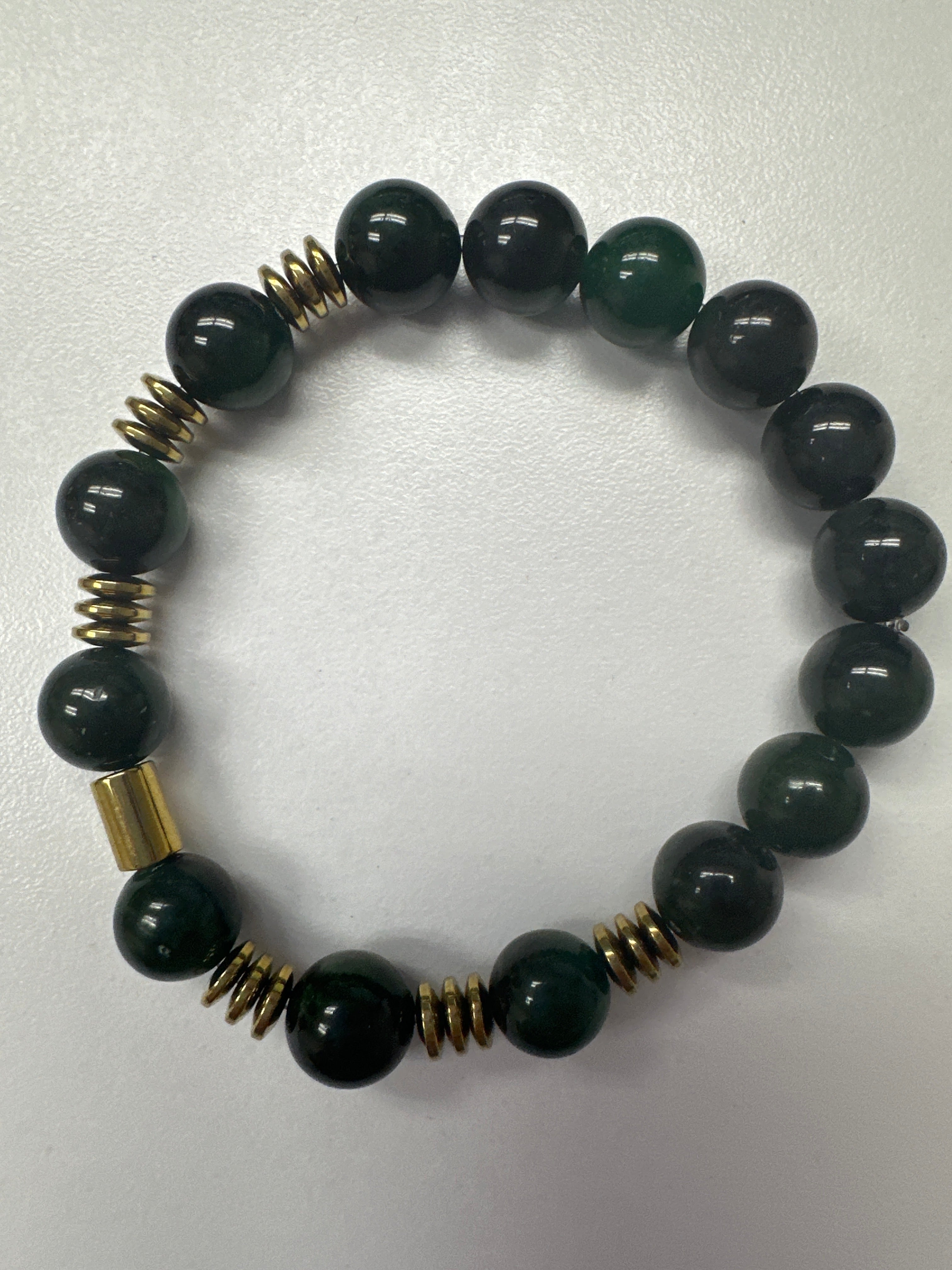 Green Unisex Large Bead and Gold Metal Spacers Bracelet