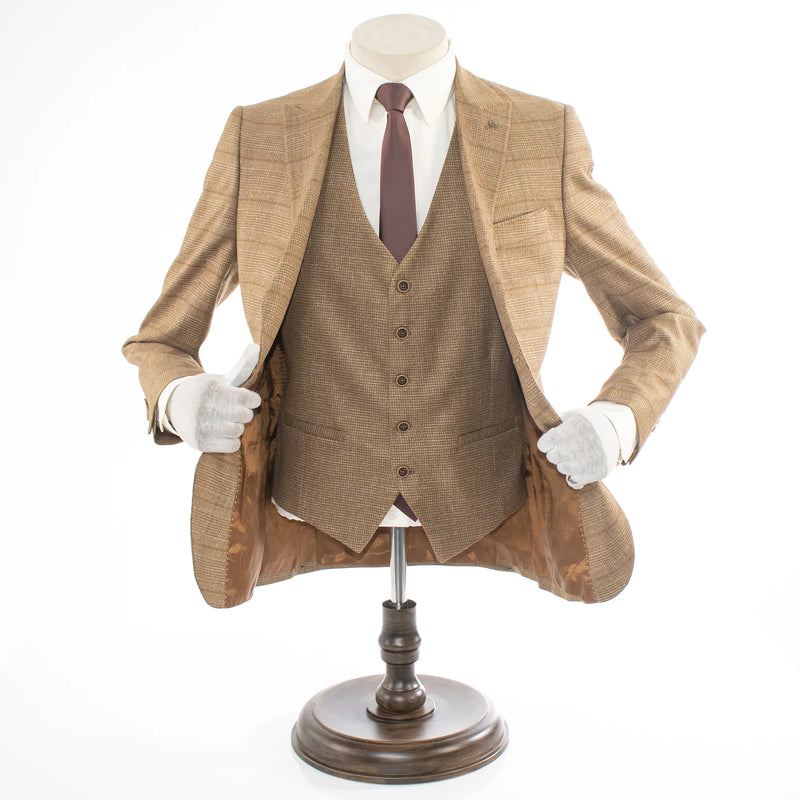 Brown Checked 3-Piece Slim-Fit Suit