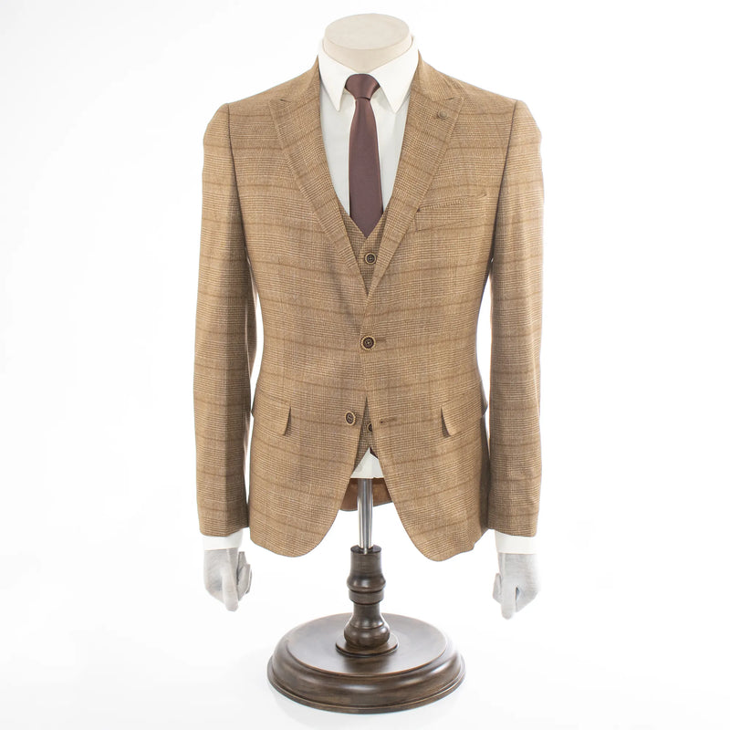 Brown Checked 3-Piece Slim-Fit Suit