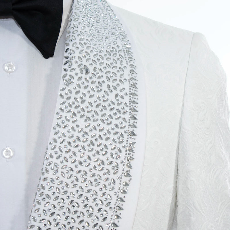 White Floral 2-Piece Slim-Fit Tuxedo with Rhinestone Lapels