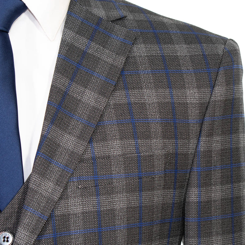 Gray and Blue Windowpane 3-Piece Tailored-Fit Suit