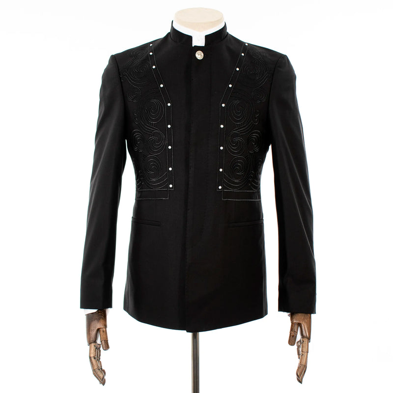 Men's Black Embroidered 2-Piece Slim-Fit Suit with Mandarin Collar