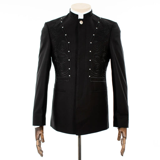 Men's Black Embroidered 2-Piece Slim-Fit Suit with Mandarin Collar