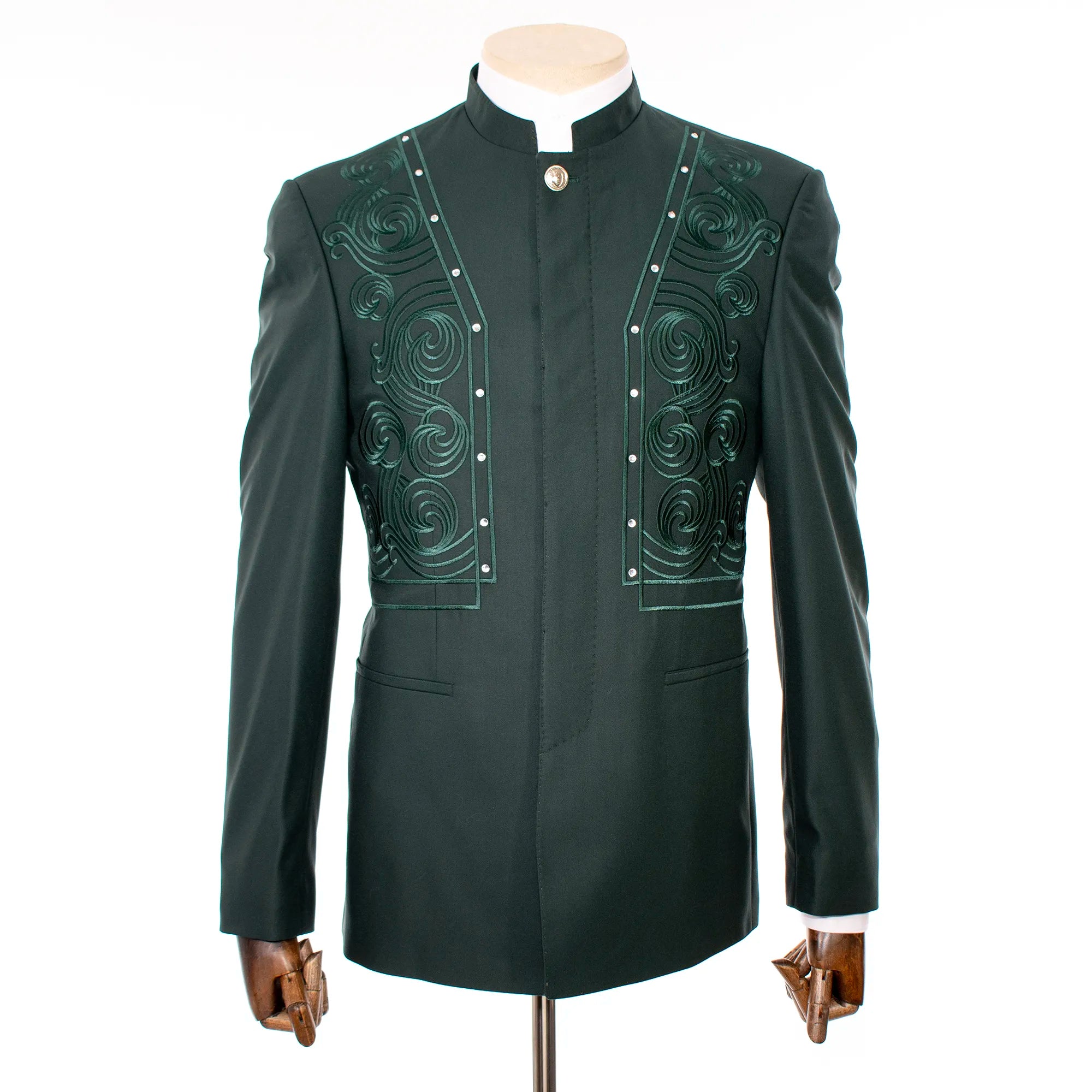 Men's Hunter Green Embroidered 2-Piece Slim-Fit Suit with Mandarin Collar