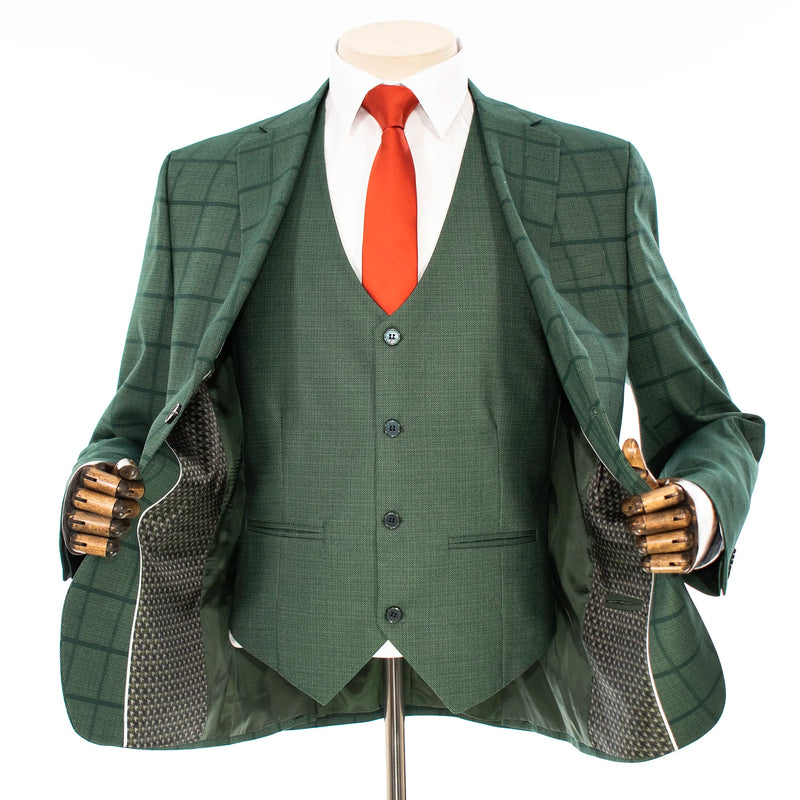 Hunter Green Windowpane 3-Piece Tailored-Fit Suit