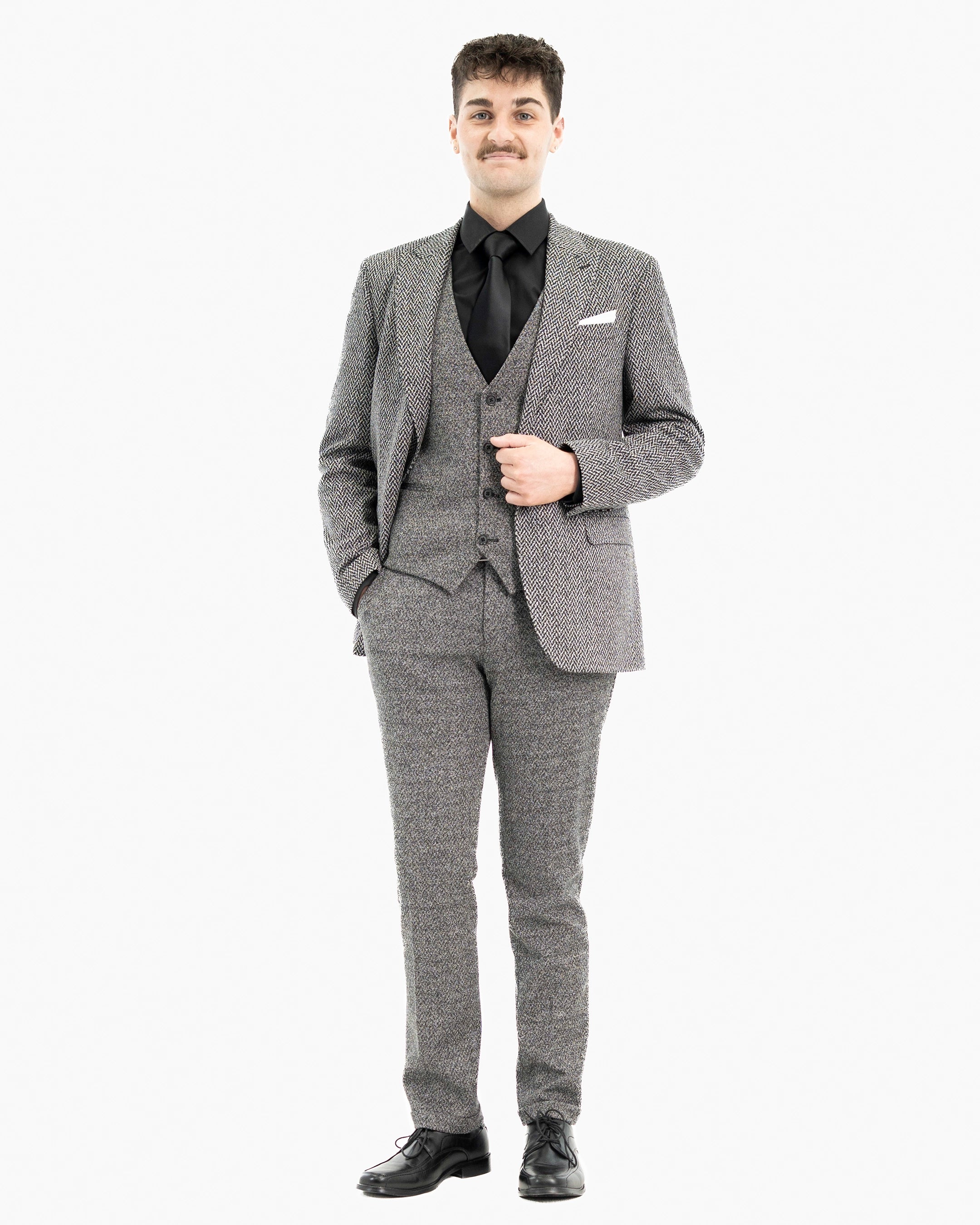 Knit Herringbone Tailored-Fit Suit with Peak Lapels