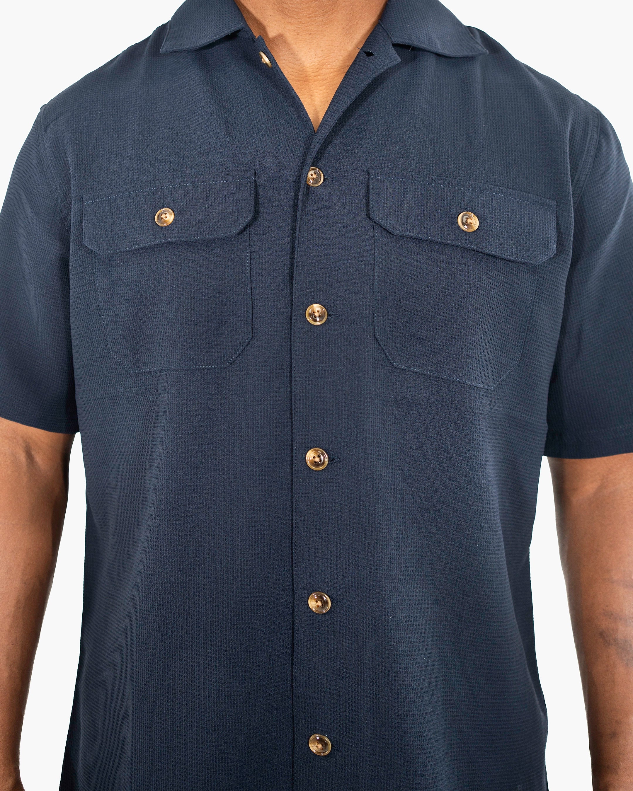 Navy Blue Tailored-Fit Linen Textured Shirt