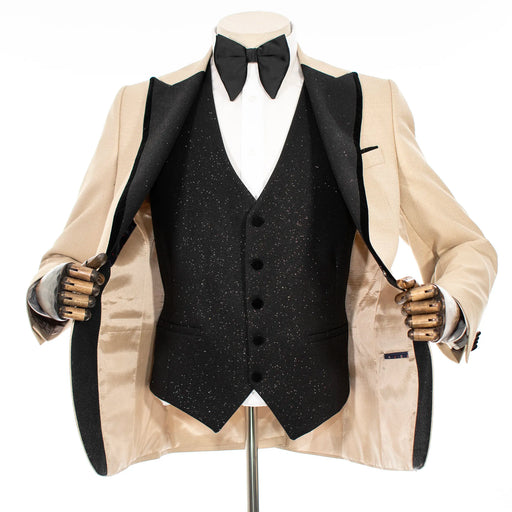 Champagne 3-Piece Tailored-Fit Tuxedo with Black Glitter Peak Lapels