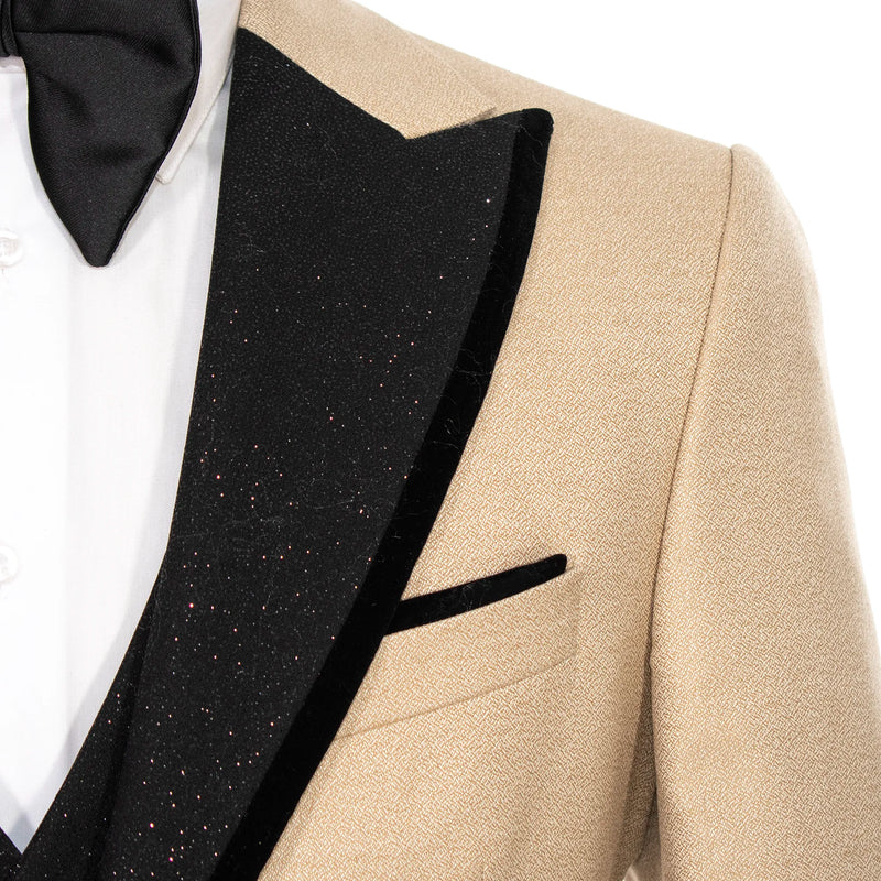 Champagne 3-Piece Tailored-Fit Tuxedo with Black Glitter Peak Lapels