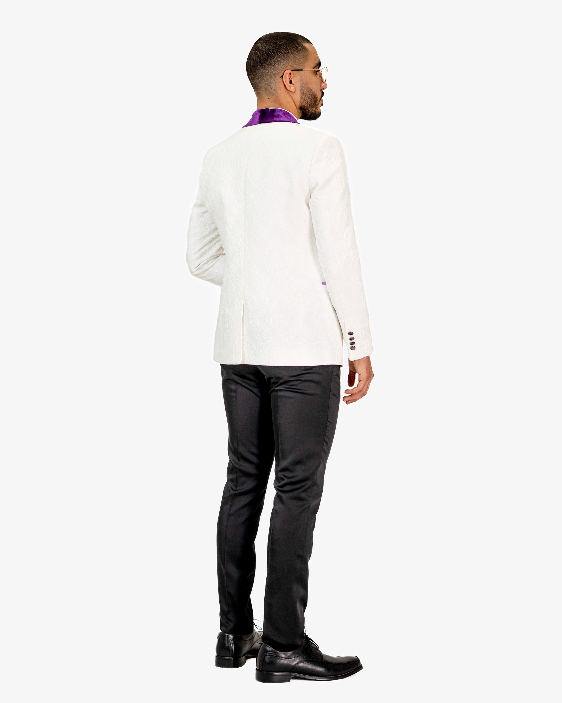 White Paisley 3-Piece Tailored-Fit Tuxedo with Purple Velvet Shawl Lapel