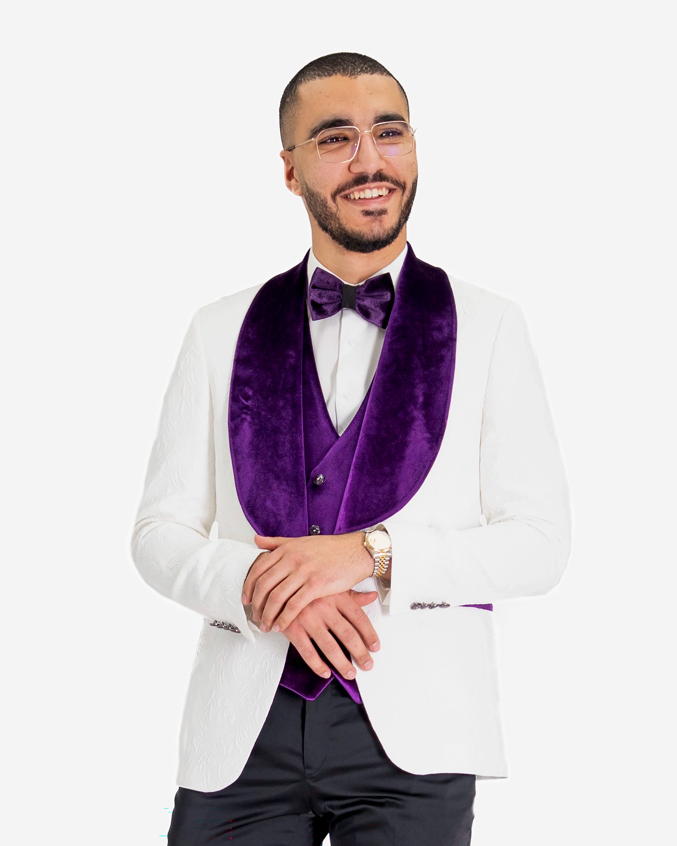 White Paisley 3-Piece Tailored-Fit Tuxedo with Purple Velvet Shawl Lapel