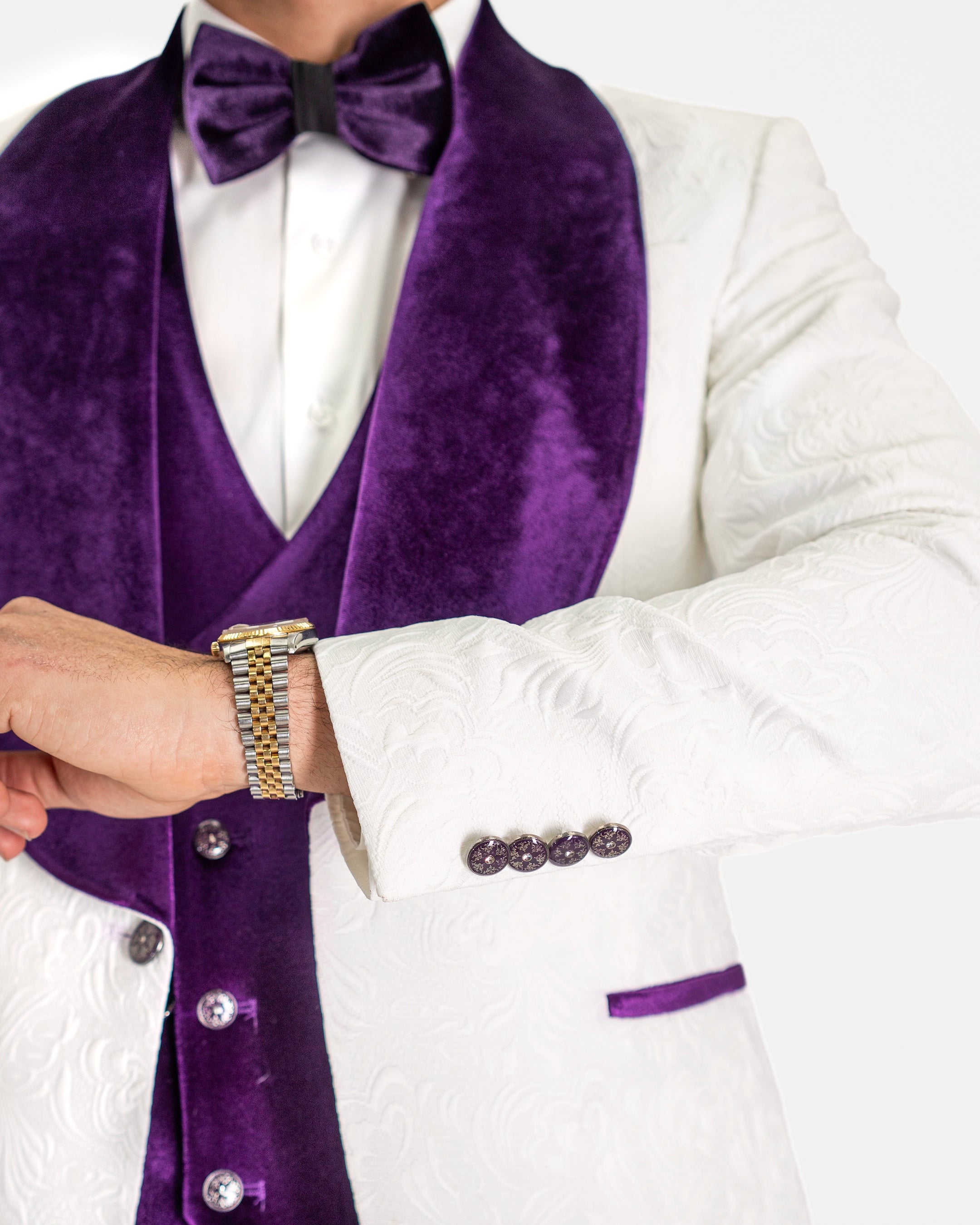 White Paisley 3-Piece Tailored-Fit Tuxedo with Purple Velvet Shawl Lapel