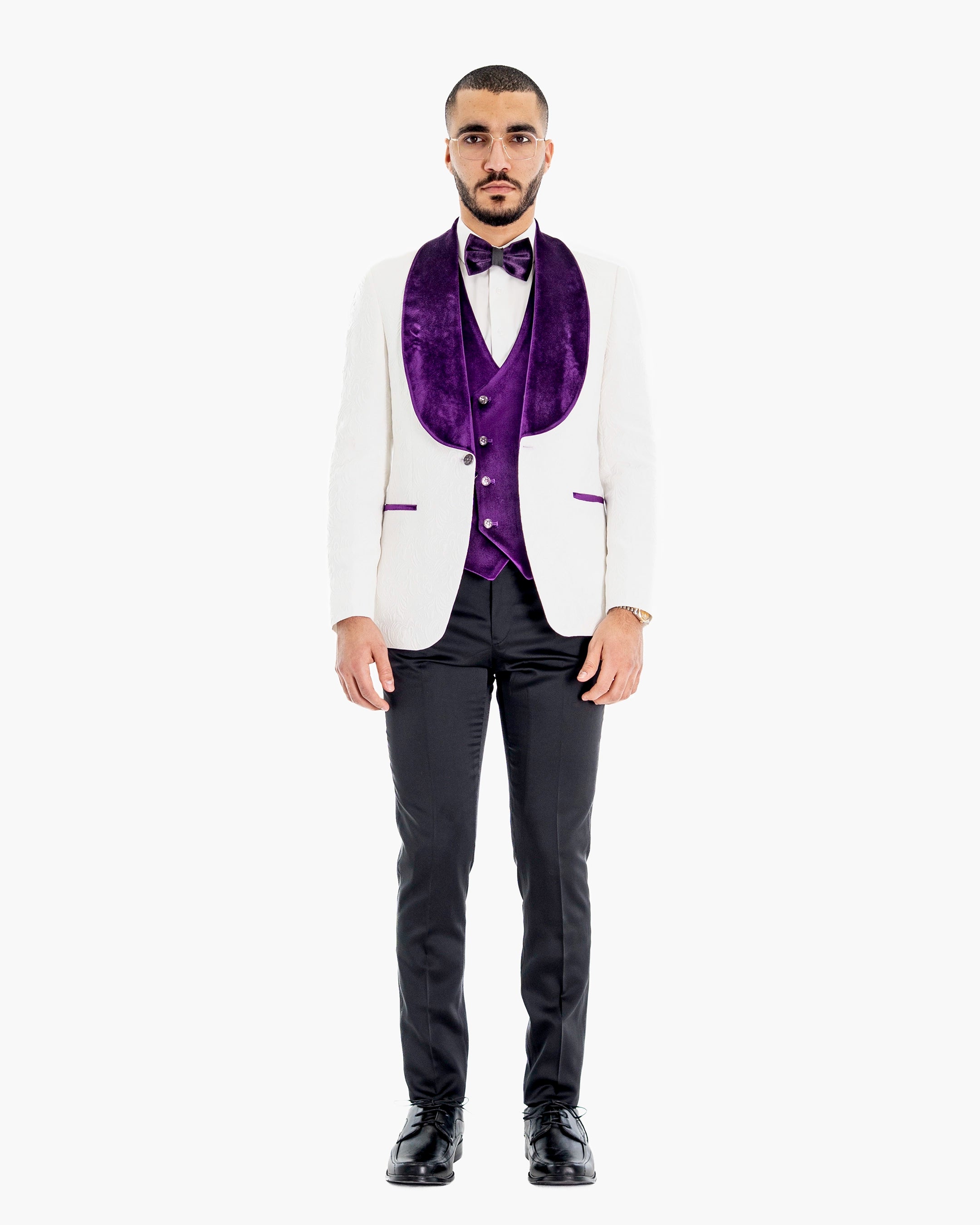 White Paisley 3-Piece Tailored-Fit Tuxedo with Purple Velvet Shawl Lapel