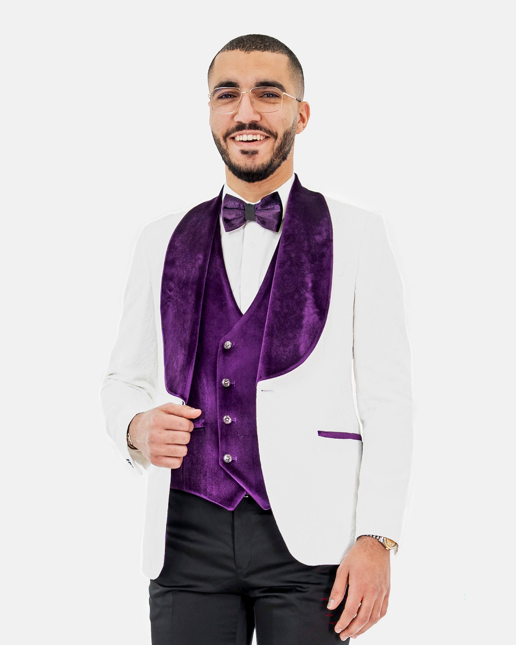 White Paisley 3-Piece Tailored-Fit Tuxedo with Purple Velvet Shawl Lapel