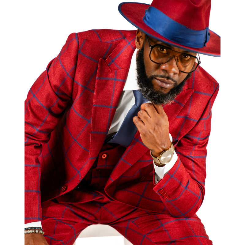 Dark Red Windowpane 3-Piece Slim-Fit Suit
