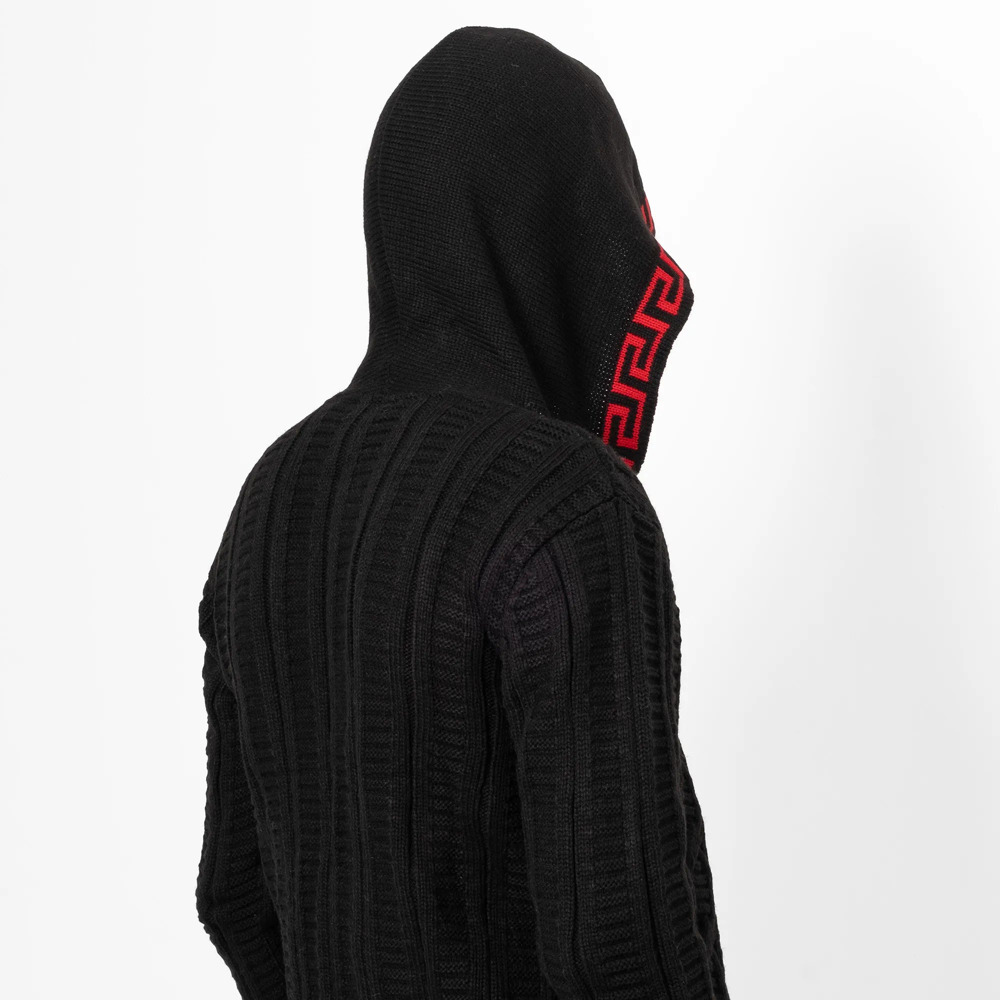 Black & Red Cable Knit Grecian Tailored-Fit Hooded Cardigan