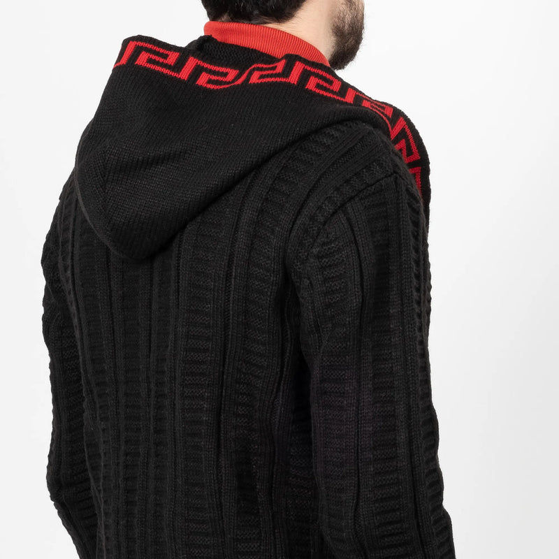 Black & Red Cable Knit Grecian Tailored-Fit Hooded Cardigan