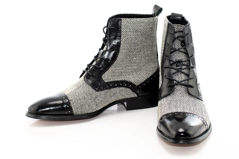 Black Leather and Herringbone Tweed Boot