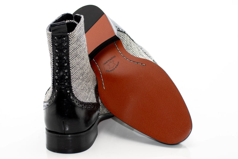 Black Leather and Herringbone Tweed Boot