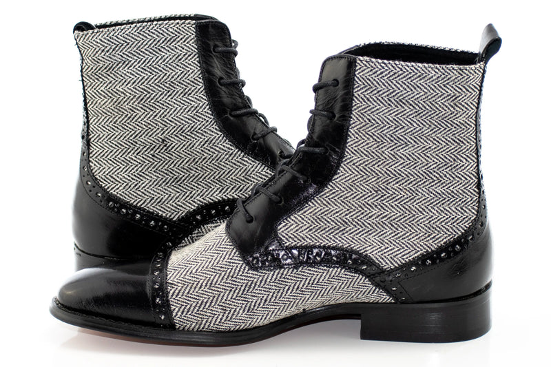Black Leather and Herringbone Tweed Boot