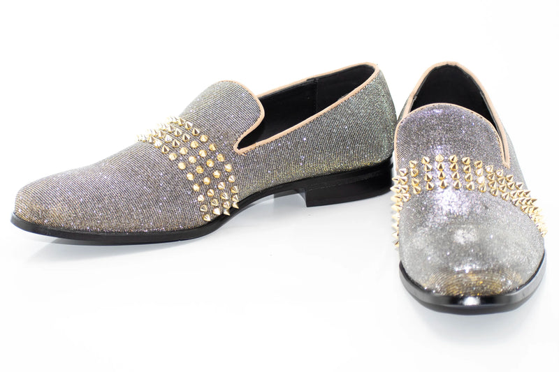 Gold Velvet Smoking Loafer With Gold Spiked Band