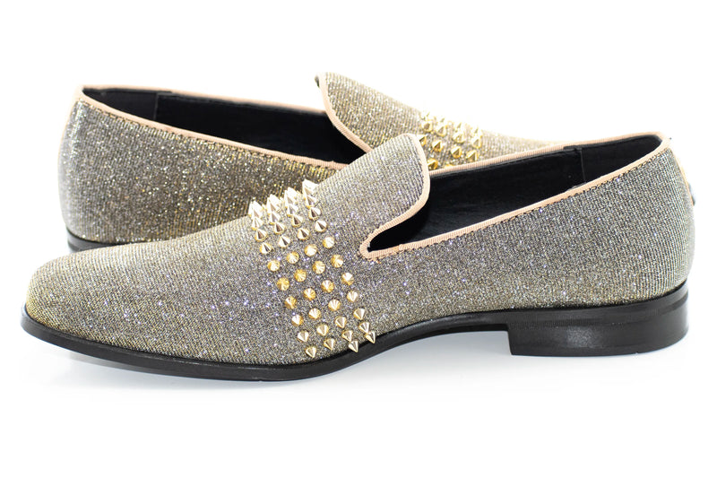 Gold Velvet Smoking Loafer With Gold Spiked Band