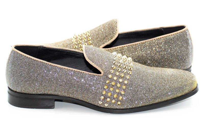Gold Velvet Smoking Loafer With Gold Spiked Band