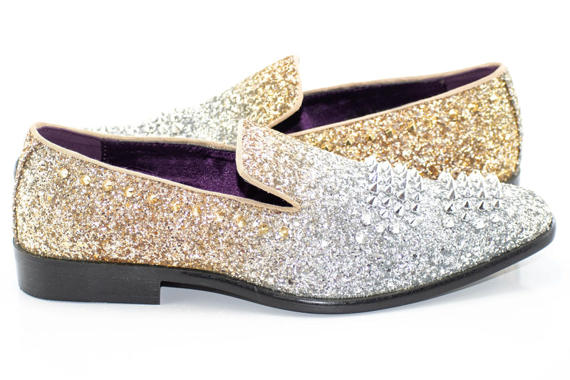 Gold and Silver Spiked Smoking Loafer