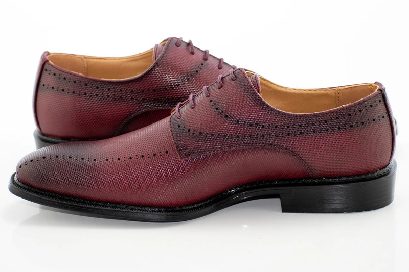 Burgundy Perforated and Textured Leather Derby Lace-Ups