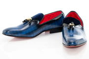 Navy Blue Leather and Velvet Tassel Loafer